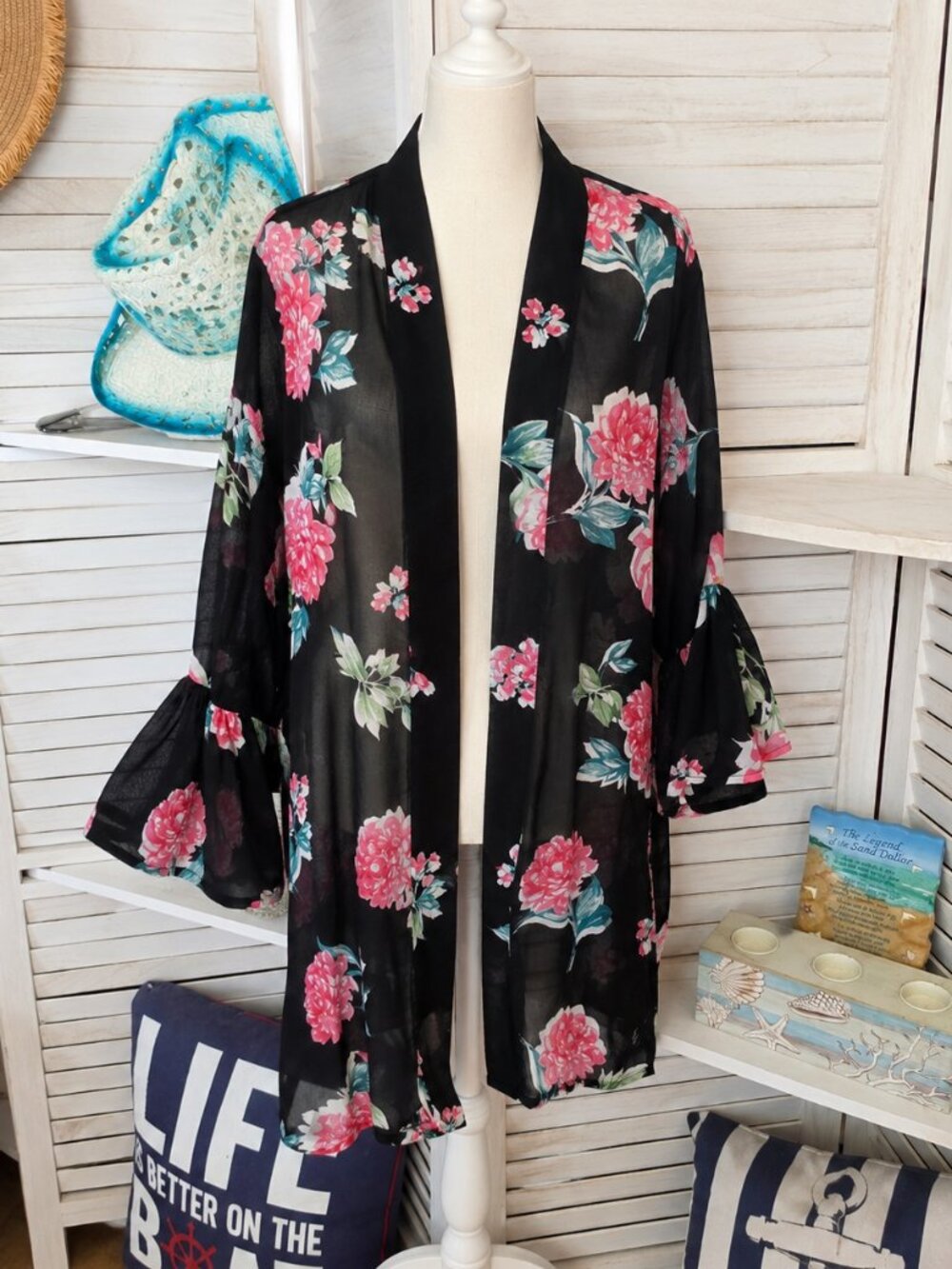 Black Sheer Kimono with Pink Flowers Size 8 (Fits up to Large comfortably)